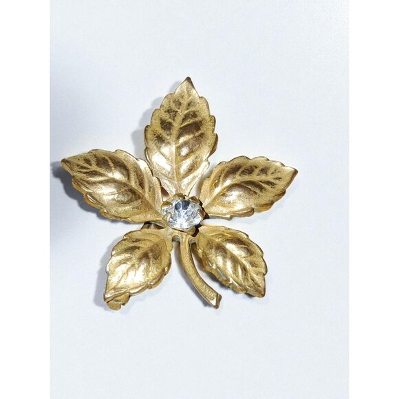 Vintage 1950s-1960s Gold-Tone Leaf Brooch with Rhinestone Accent - Picture 2 of 5